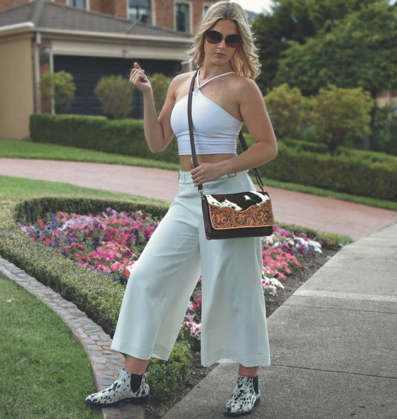 Tooled Leather Rectangular Flap Bag