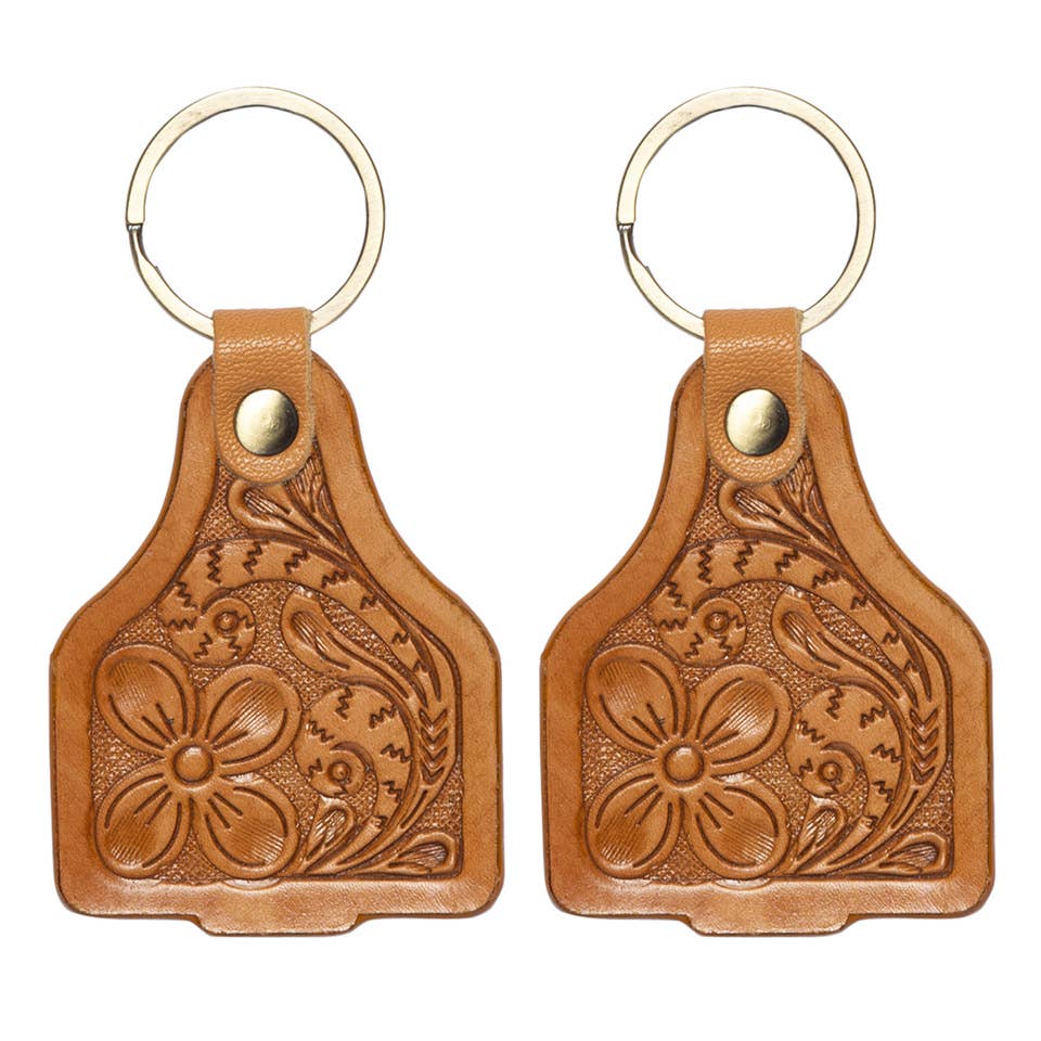 Tooled Leather Cattle Tag Keyring