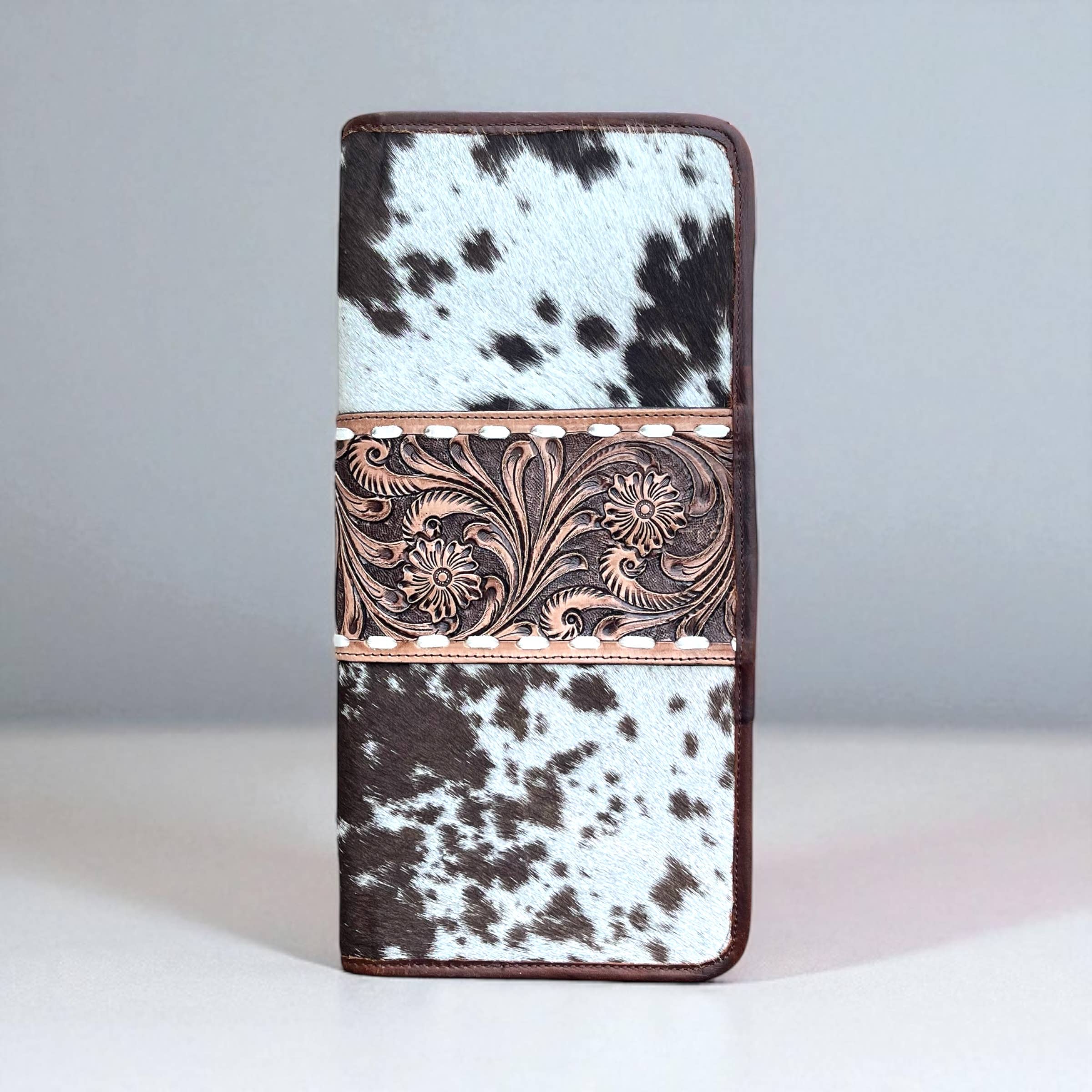 Brown Tooled Leather & Cowhide Jewellery Wallet 