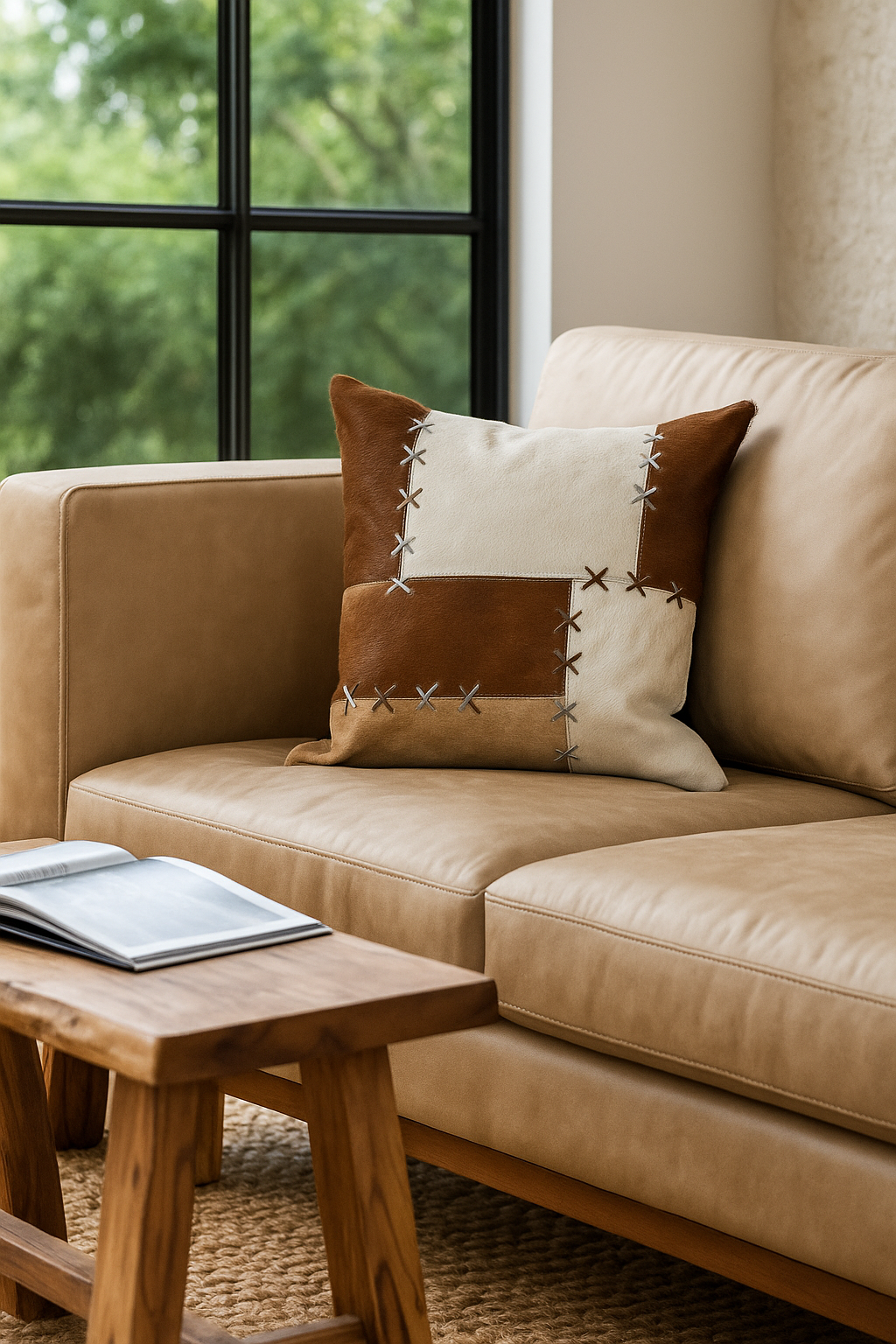 Handmade Patchwork Cowhide Leather Cushion Cover