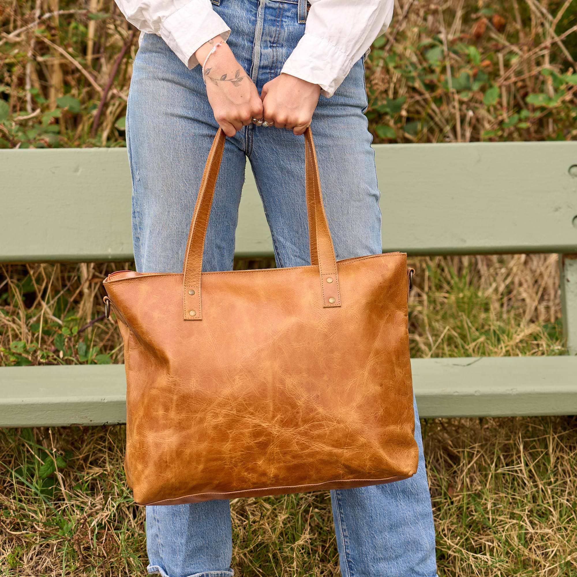 Large Vintage Brown Full-Grain Leather Tote Bag