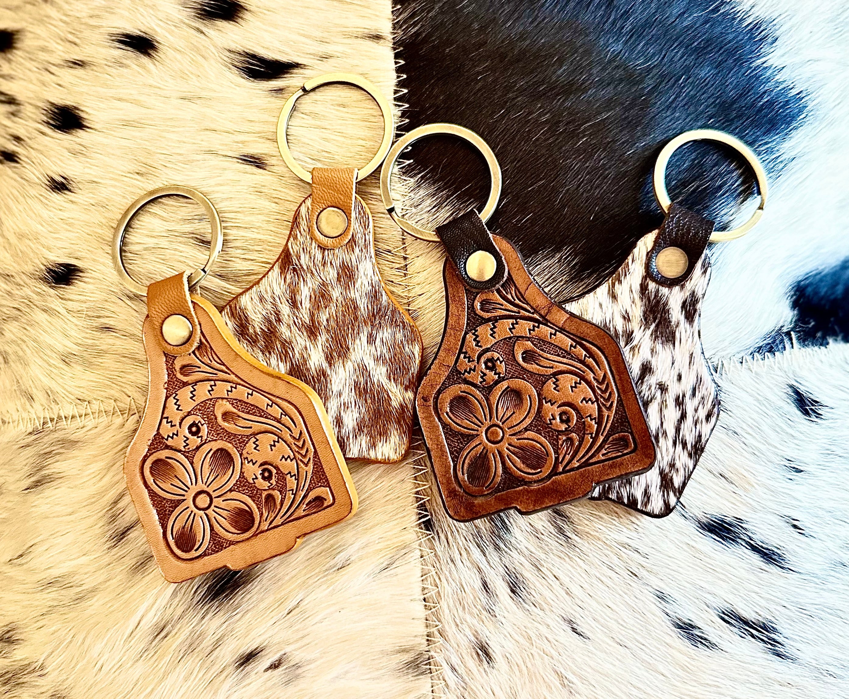 Tooled Leather Cattle Tag Keyring