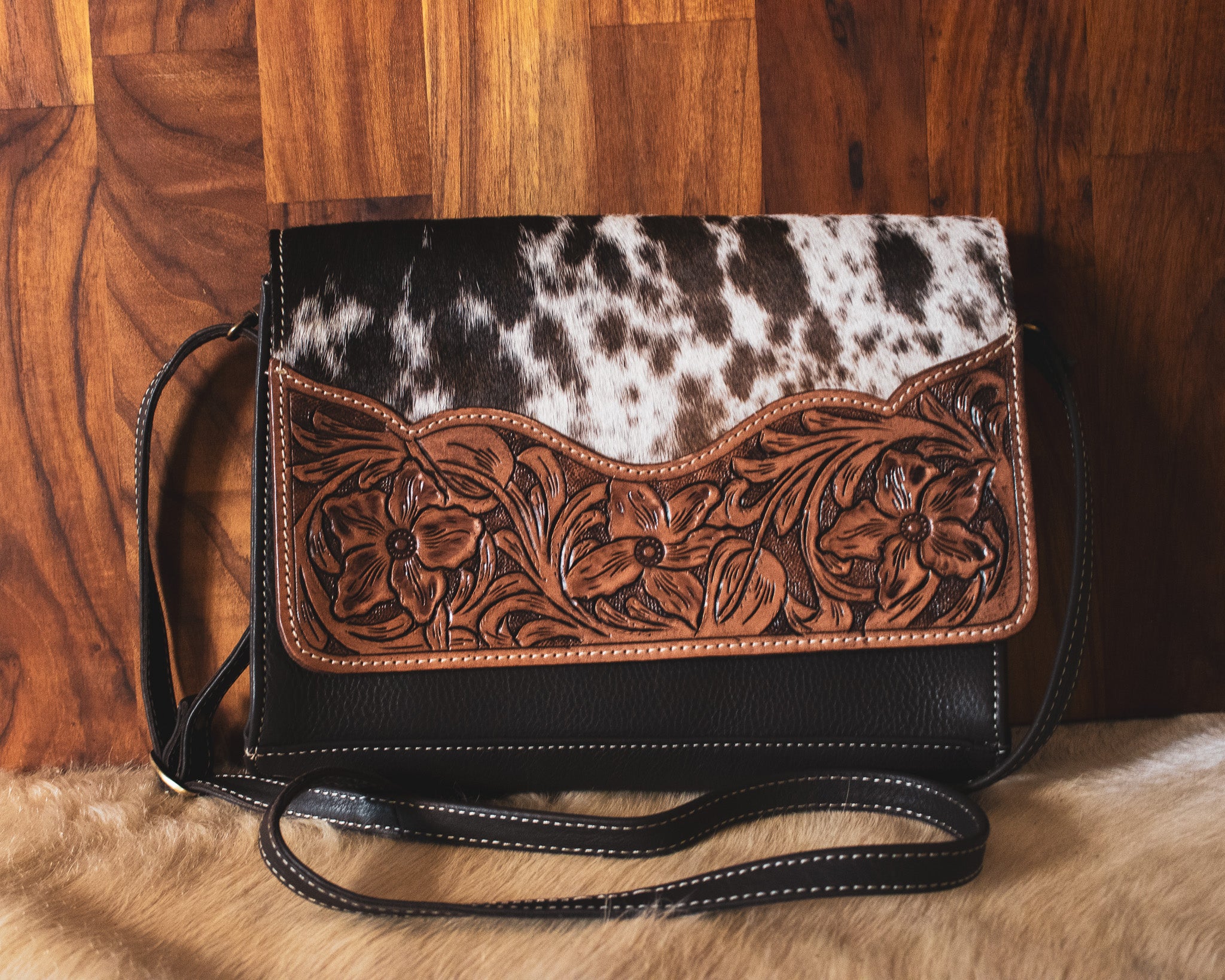 Tooled Leather Rectangular Flap Bag