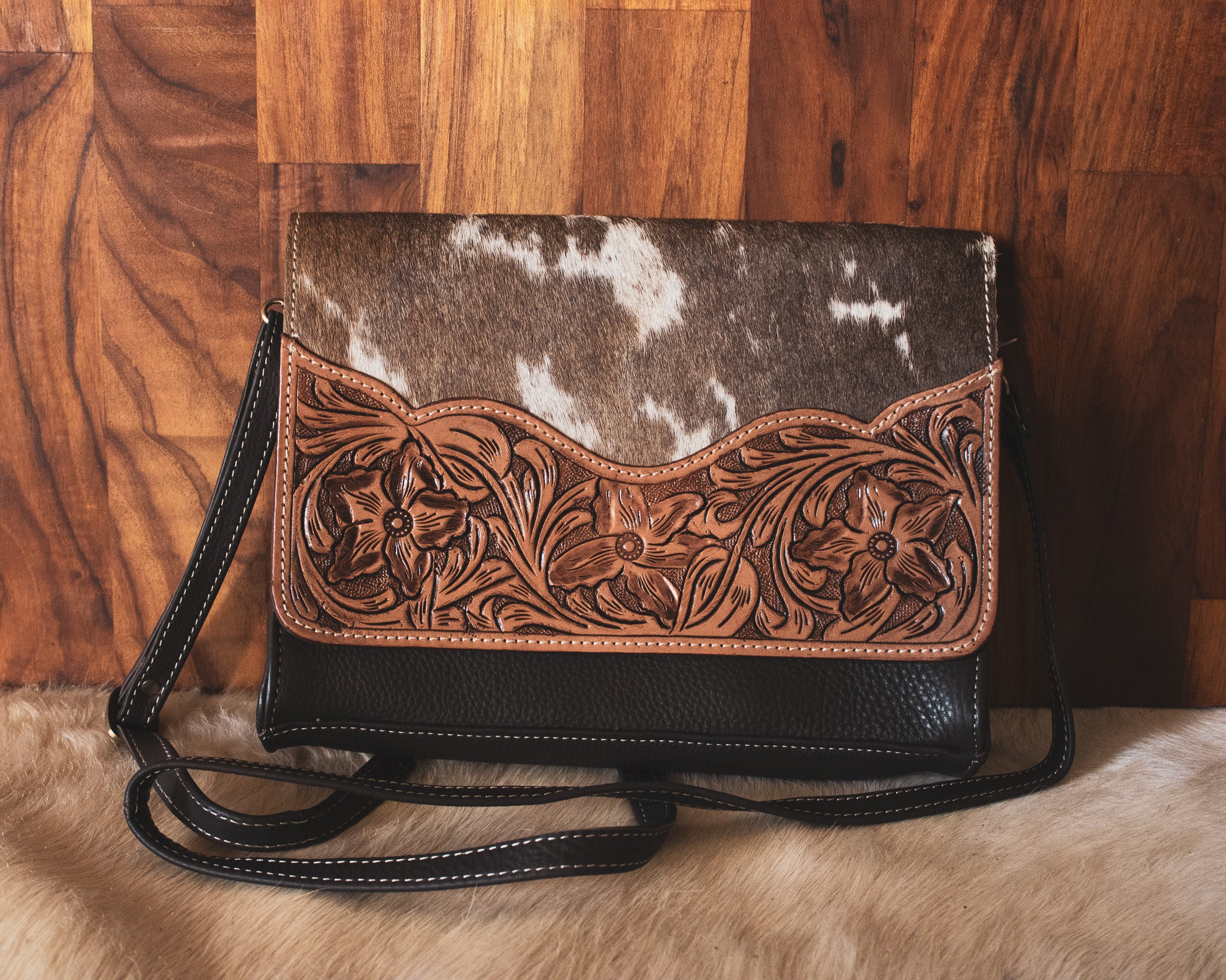 Tooled Leather Rectangular Flap Bag