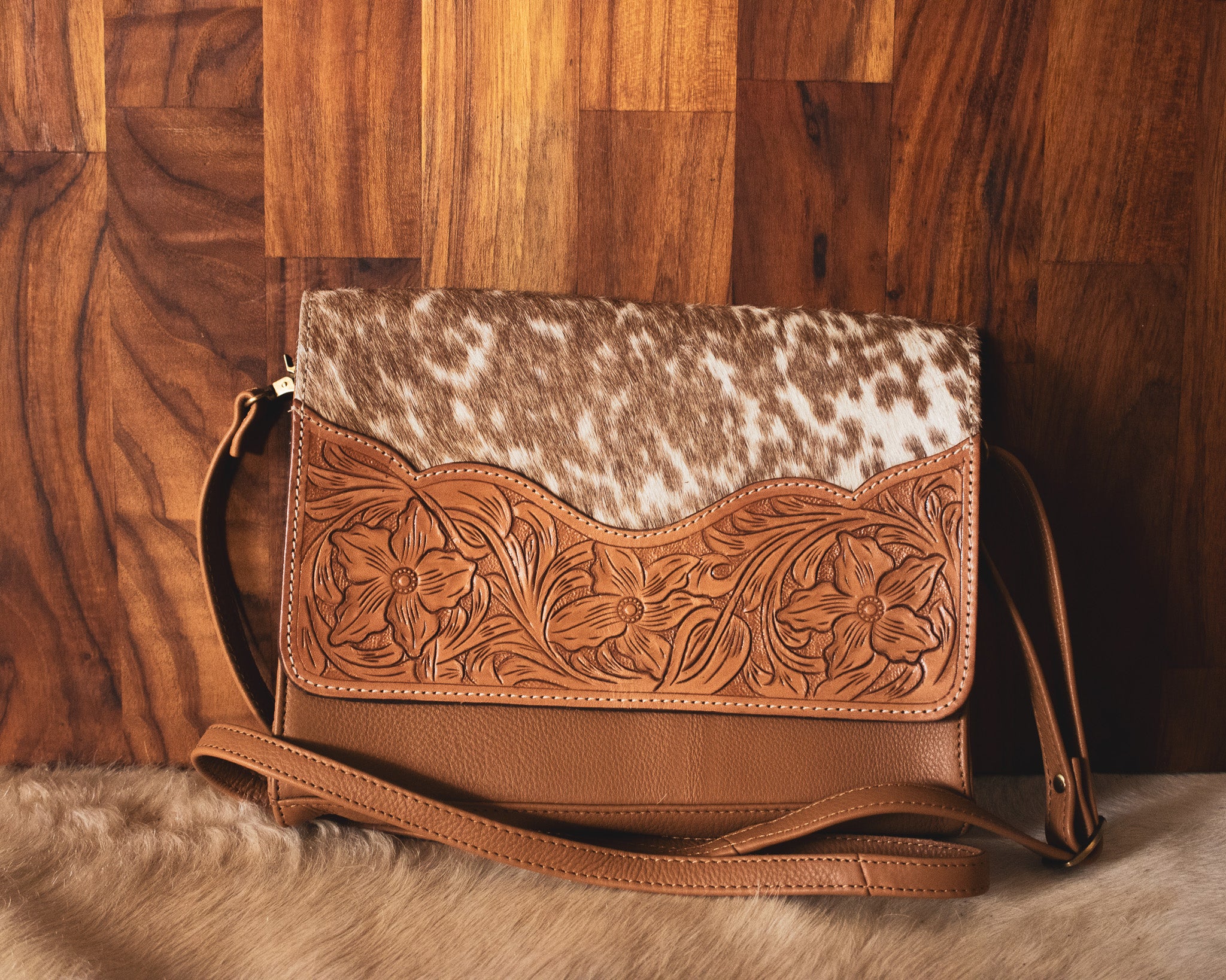 Tooled Leather Rectangular Flap Bag