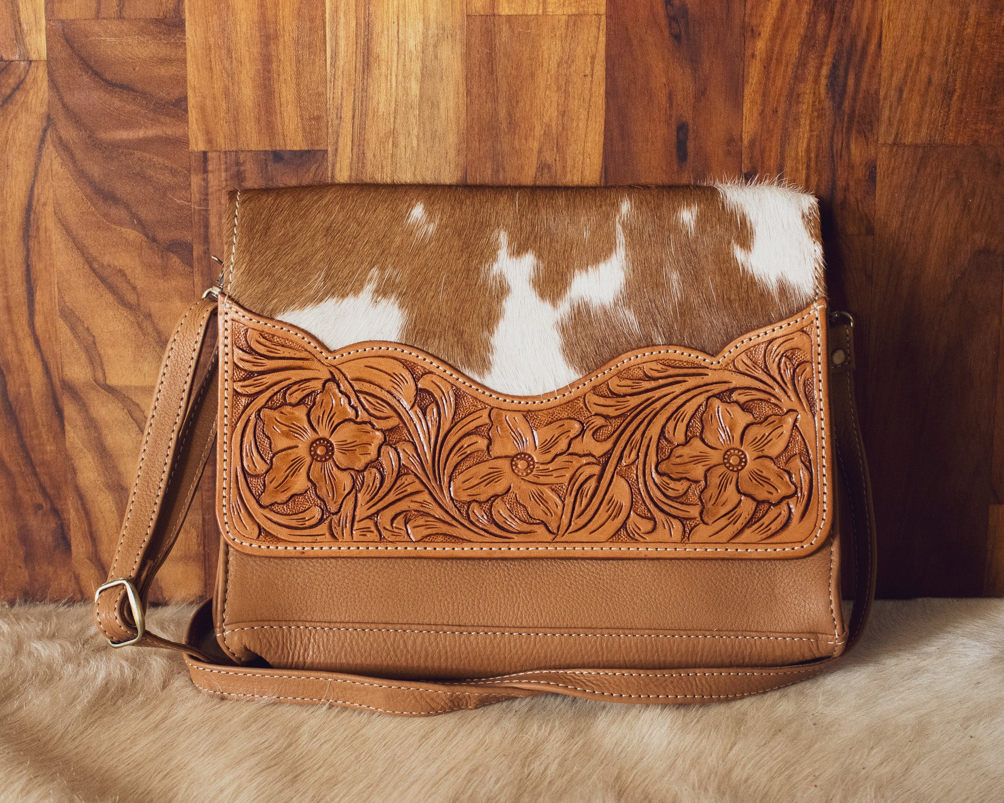 Tooled Leather Rectangular Flap Bag