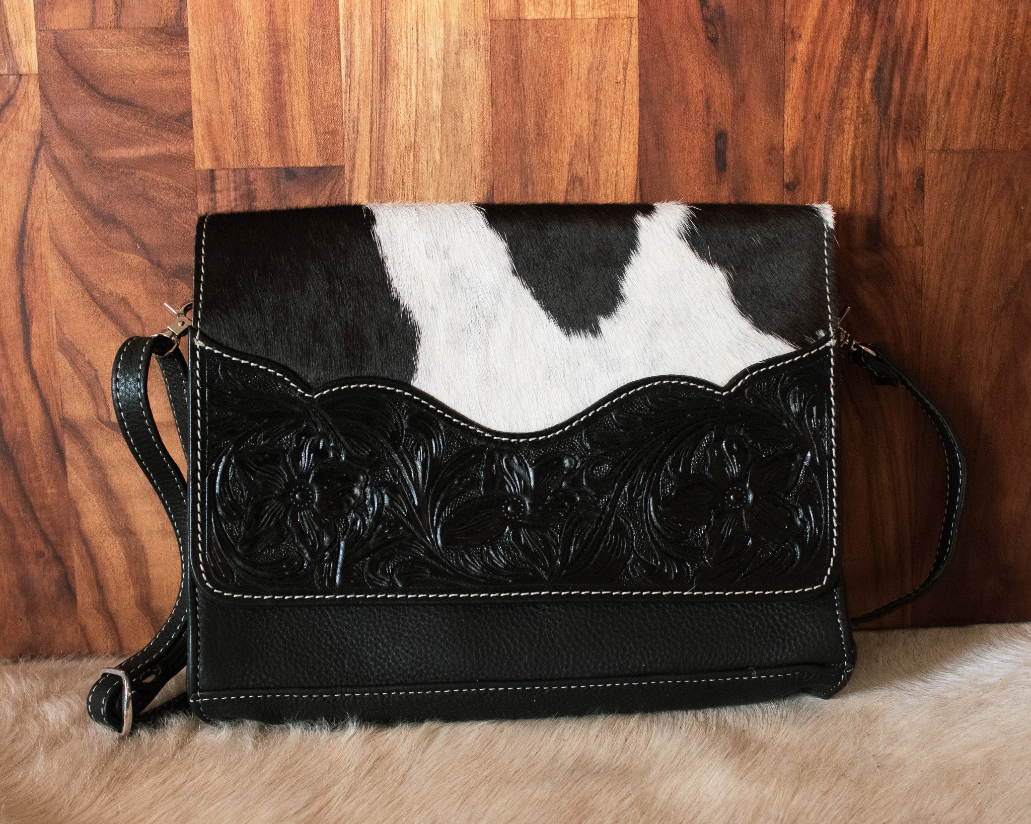 Tooled Leather Rectangular Flap Bag