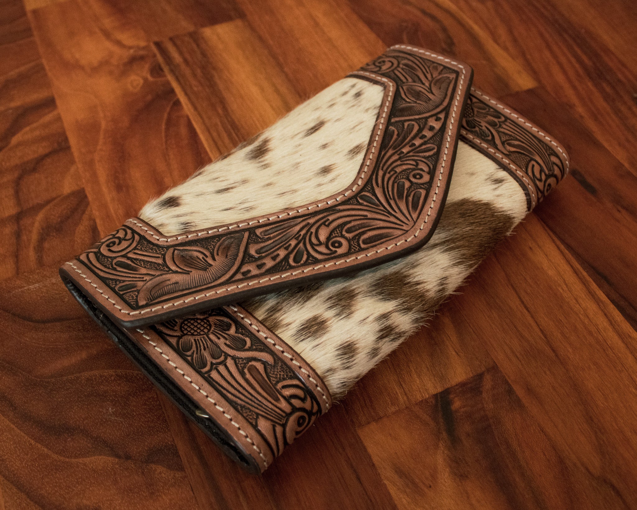 Tooled Leather Trifold Cowhide Wallet