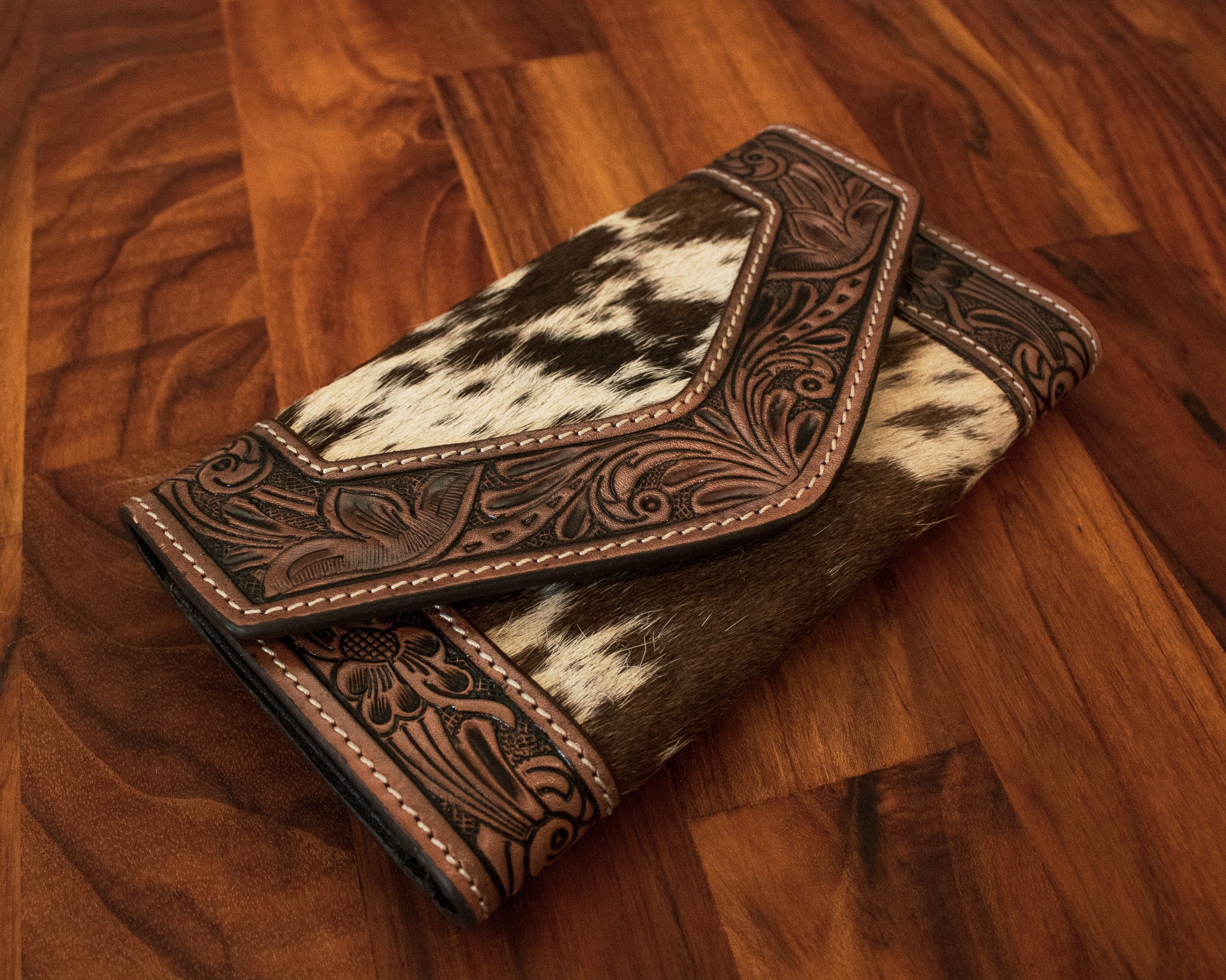 Tooled Leather Trifold Cowhide Wallet