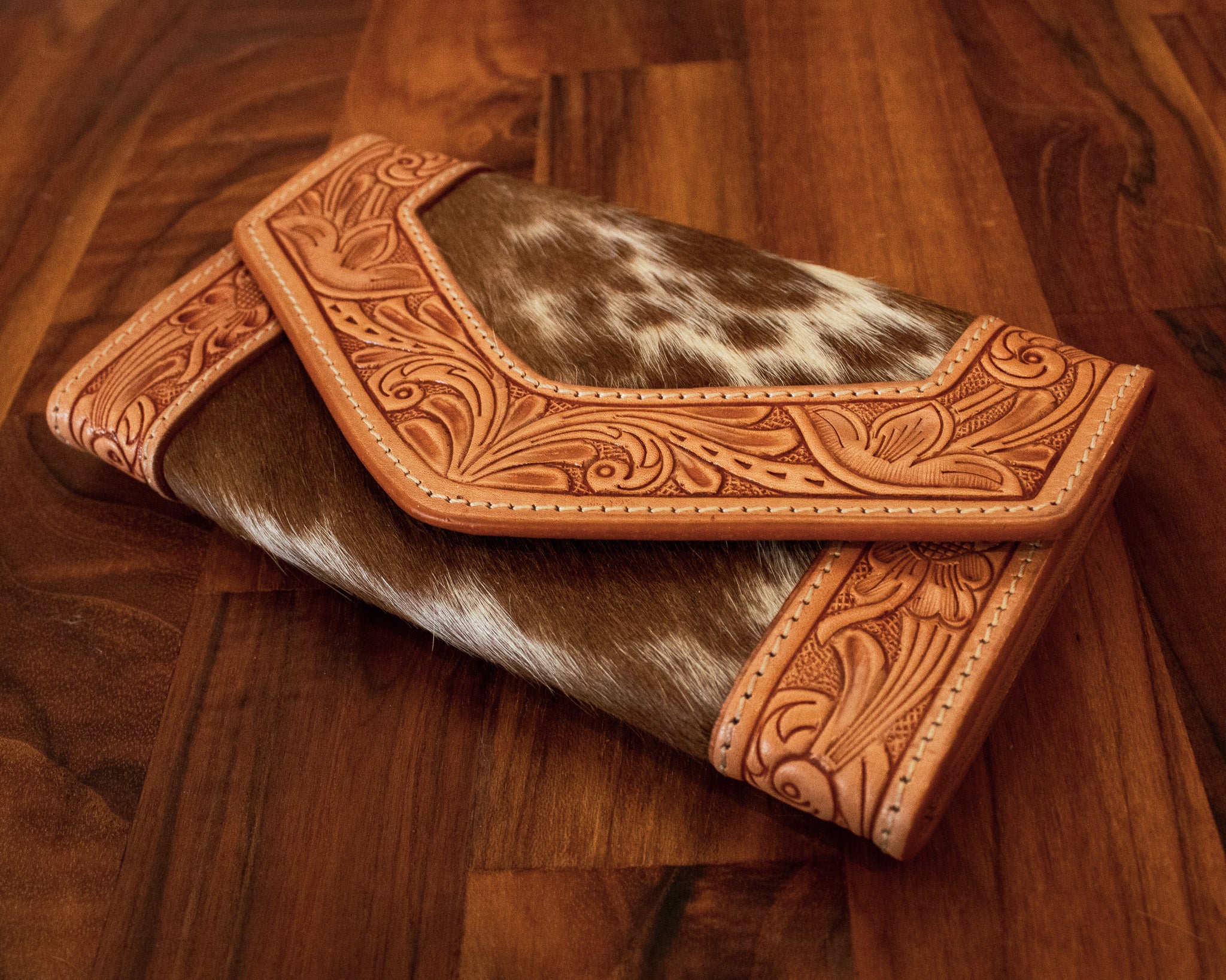 Tooled Leather Trifold Cowhide Wallet