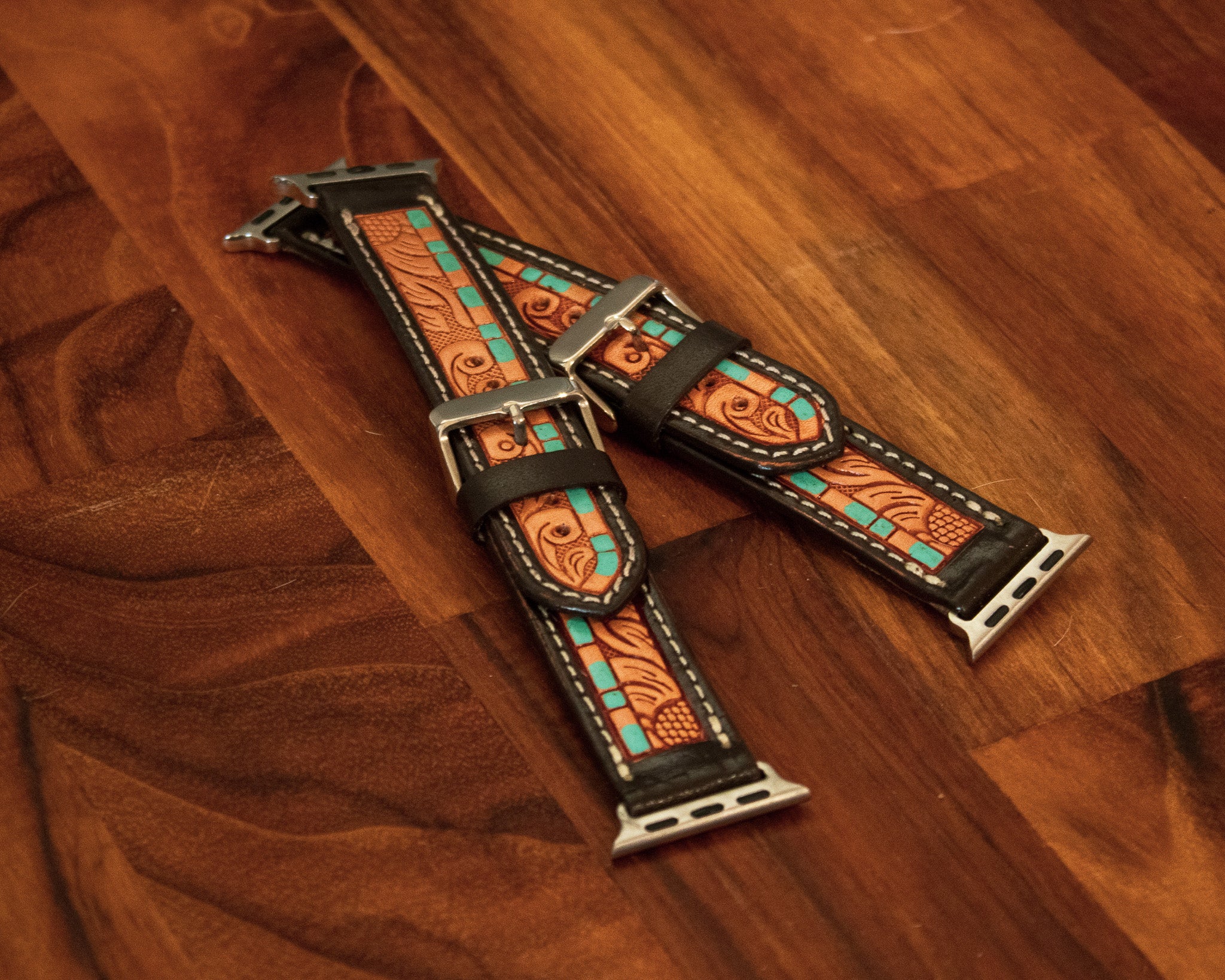 Tooled Leather Apple Watch Strap w/ Turquoise