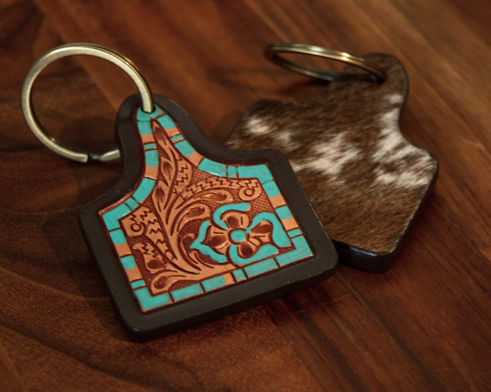 Tooled Leather Turquoise Keyring