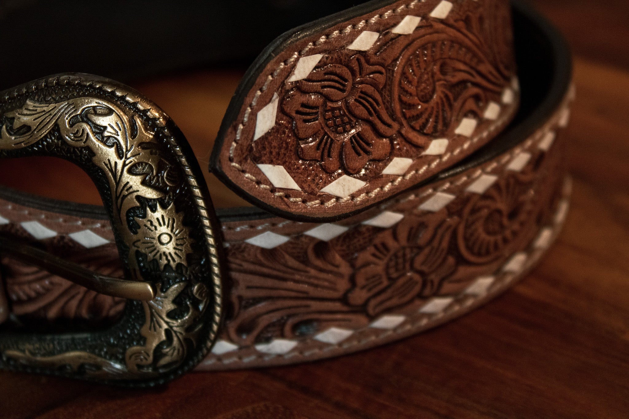 Tooled Leather Belt with Buck Stitch