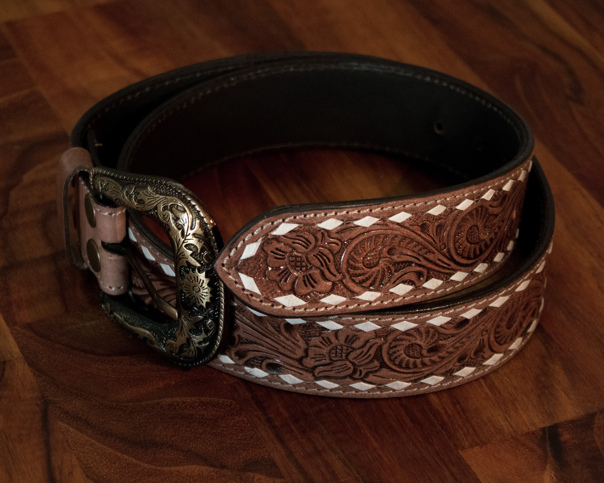 Tooled Leather Belt with Buck Stitch