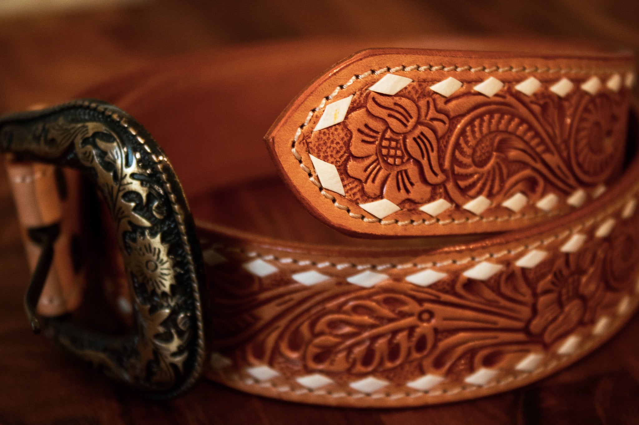 Tooled Leather Belt with Buck Stitch