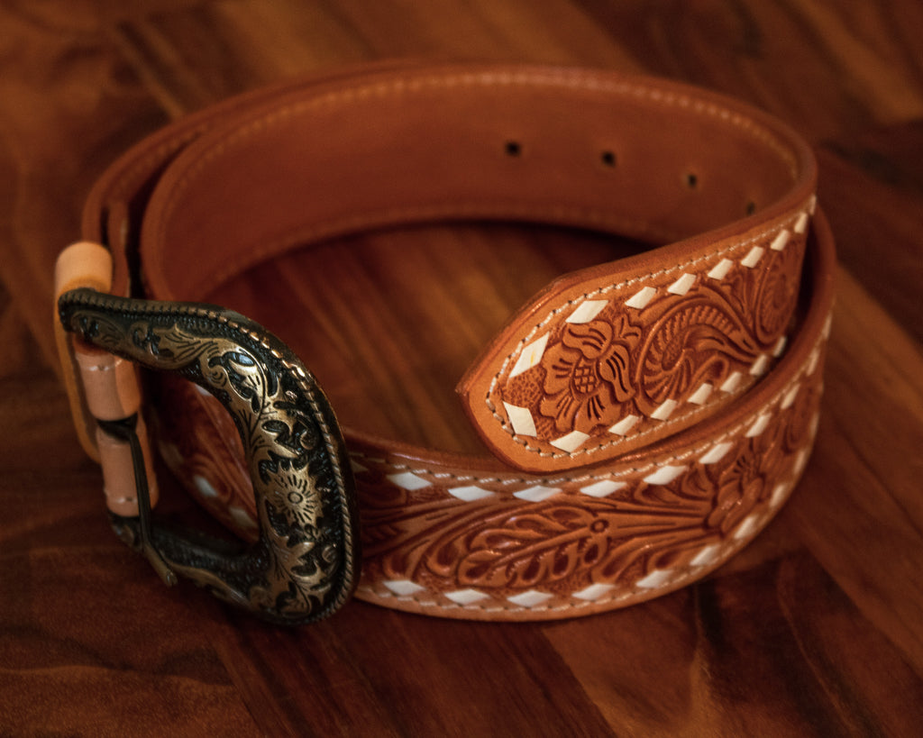 Tooled Leather Belt with Buck Stitch