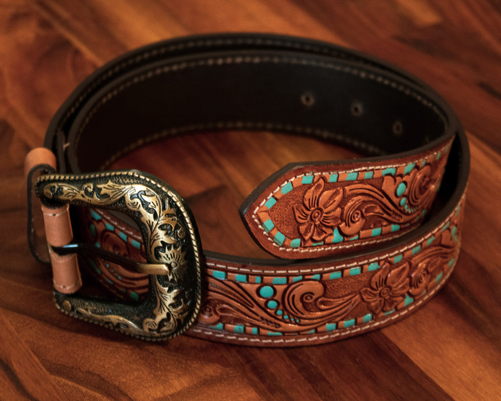 Tooled Leather Belt with Turquoise