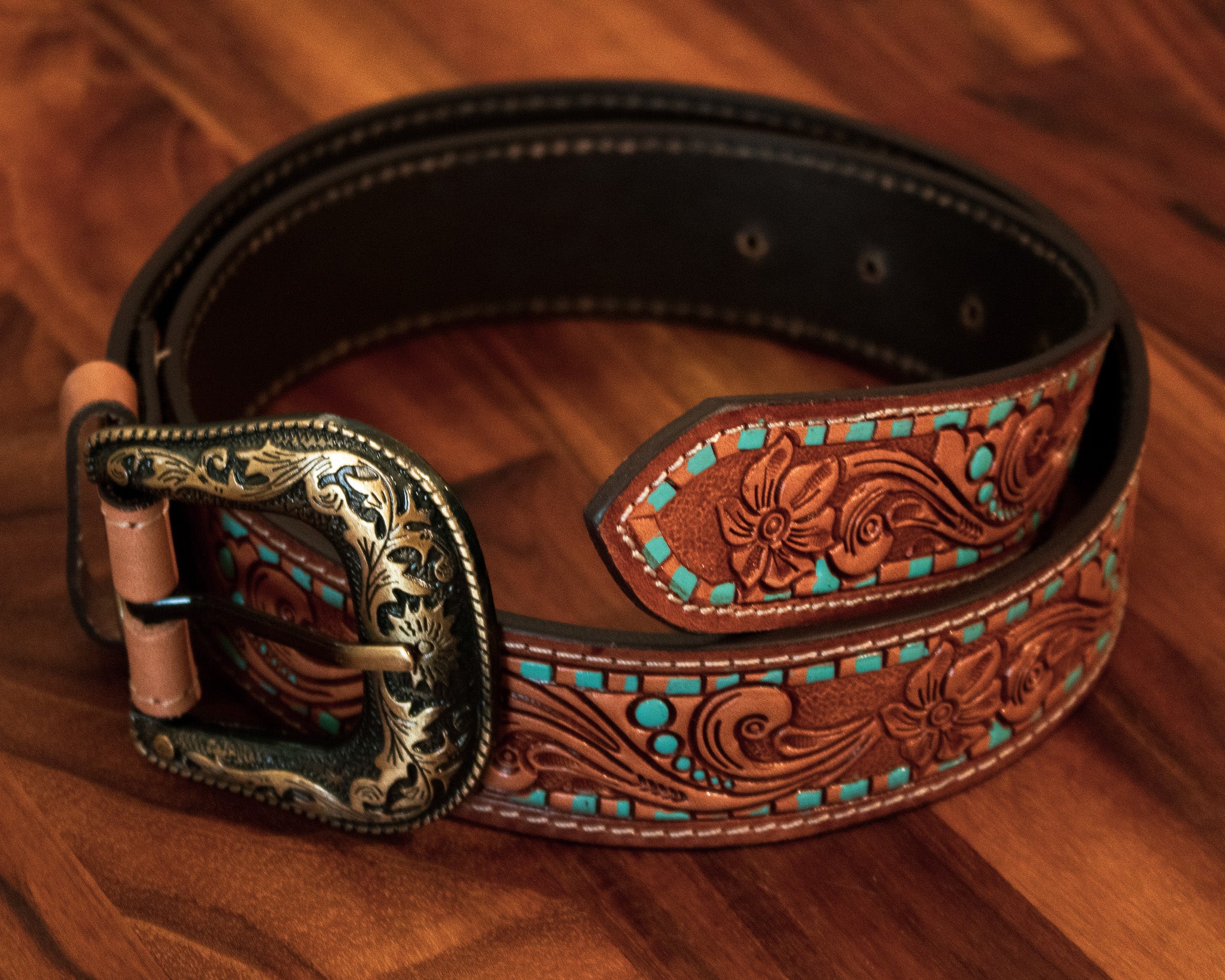 Tooled Leather Belt with Turquoise