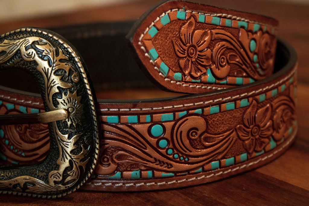Tooled Leather Belt with Turquoise