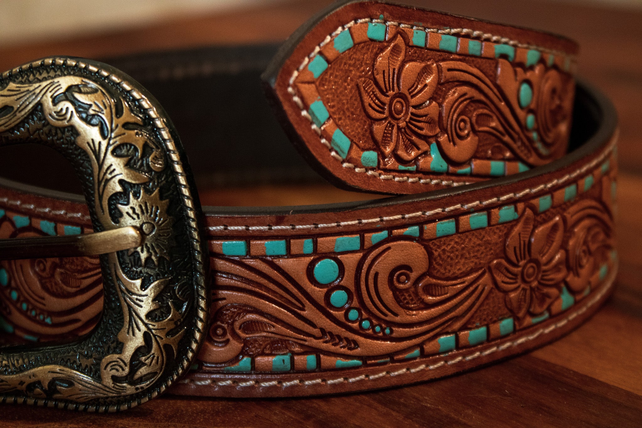 Tooled Leather Belt with Turquoise