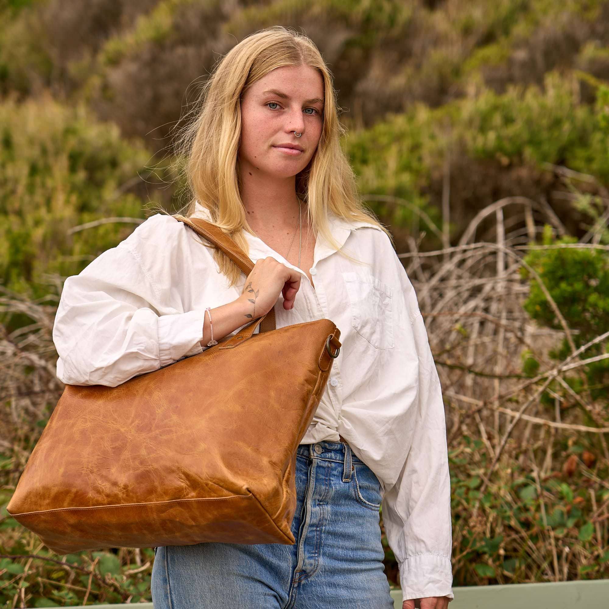 Large Vintage Brown Full-Grain Leather Tote Bag