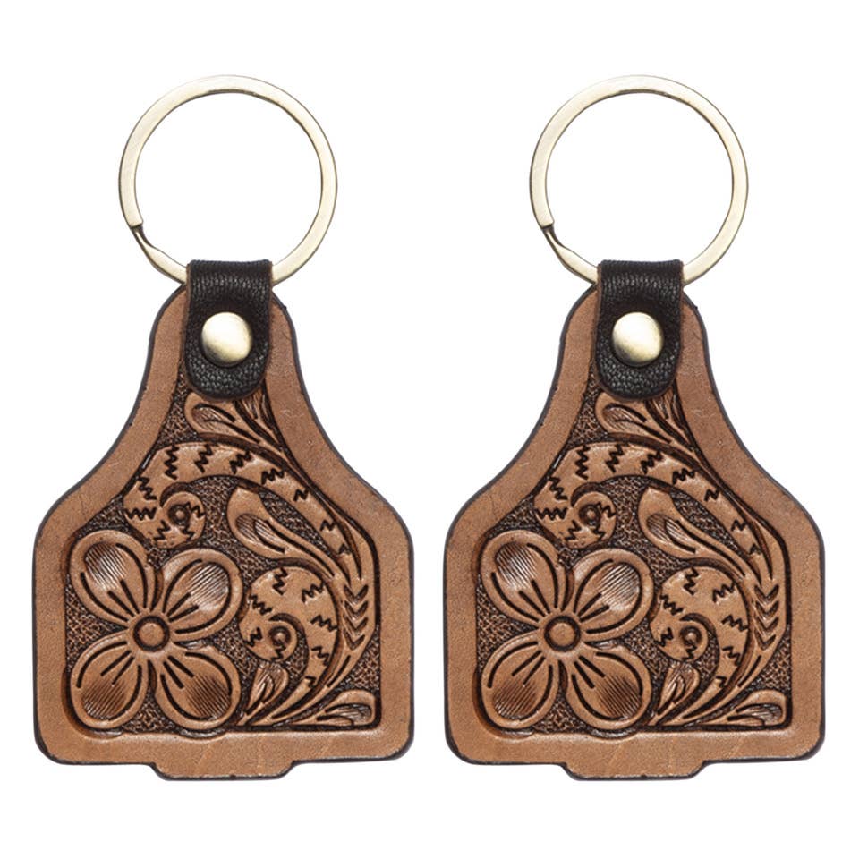Tooled Leather Cattle Tag Keyring